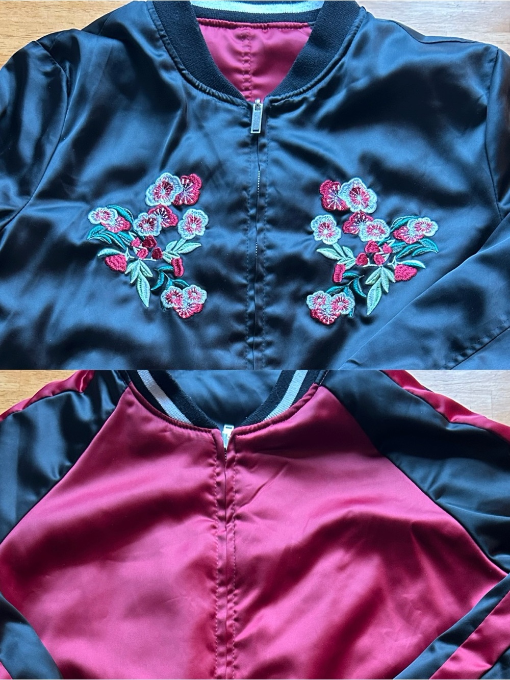 Reversible Embroidered Satin Bomber Jacket - Black & Burgundy
